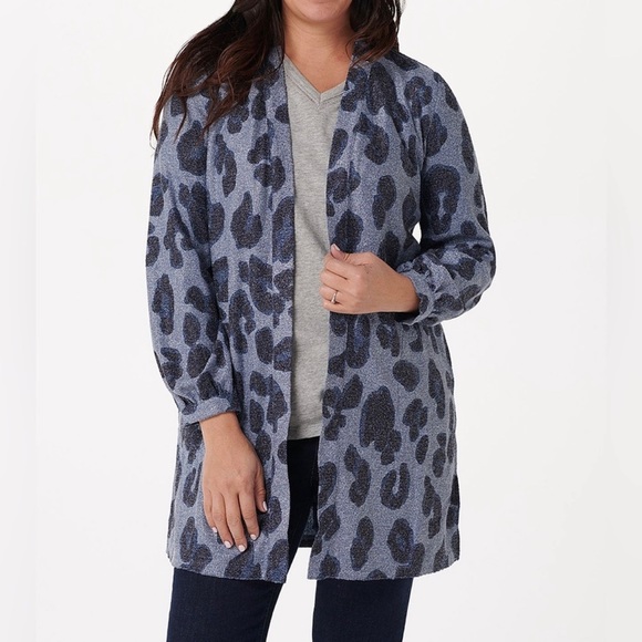 Susan Graver Tops - Susan Graver | Blue Leopard Sweater Knit Open Cardigan